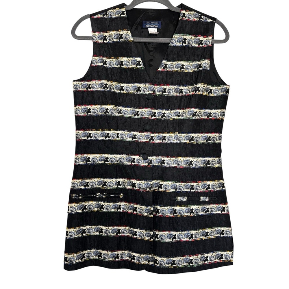 Laura Pearson International Italian Silk Vest Size Med Black Floral Stripes VTG